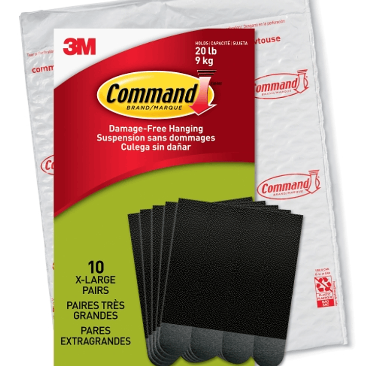 Command Pack de 20 Tiras Adhesivas para Objetos Pesados - 9kg - 10 Pares XL - Soporta hasta 9kg - Color Negro 1