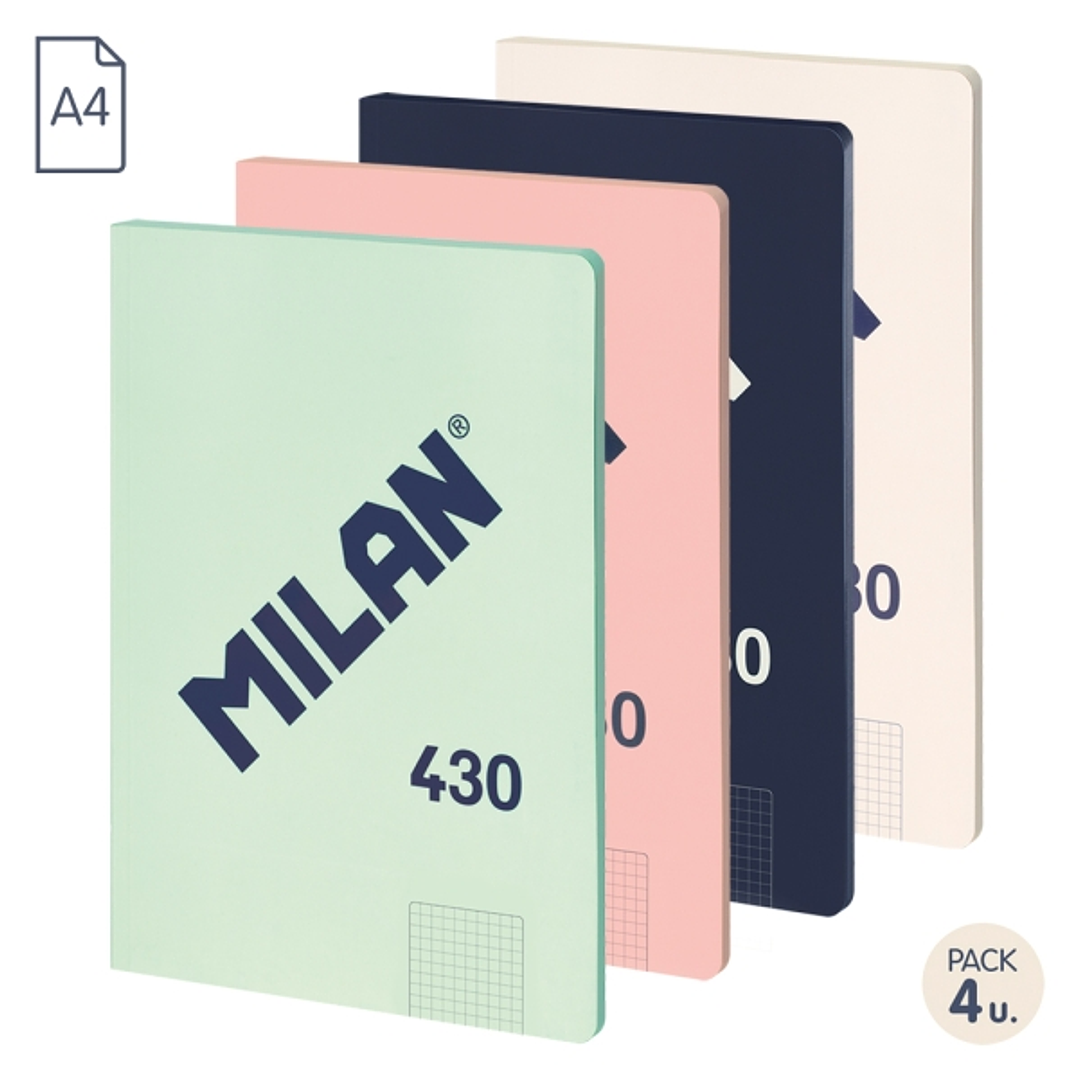 Milan 430 Since 1918 Pack de 4 Libretas A4 Encoladas - Cuadricula 5x5mm - 48 Hojas de 95g - Colores Surtidos 1
