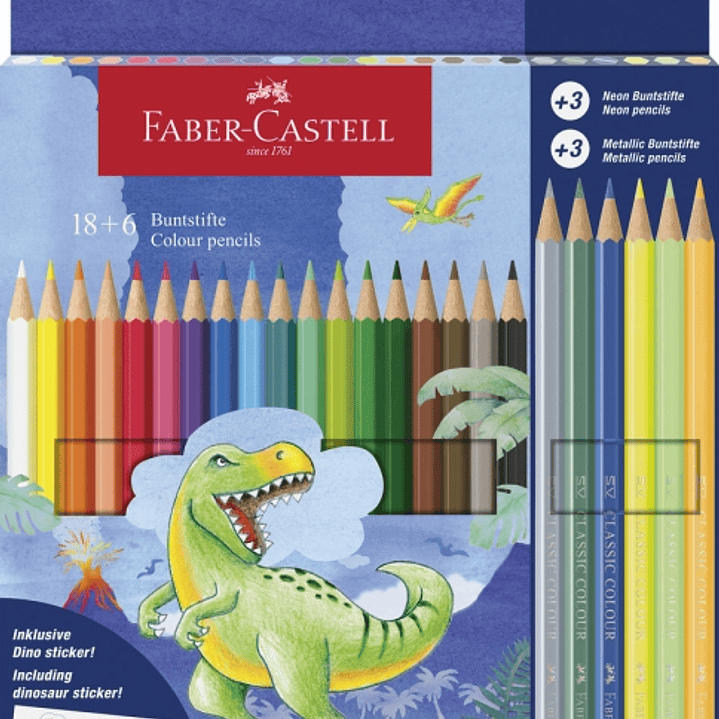 Faber-Castell Edicion Dinosaurios Pack de 24 Lapices de Colores Hexagonales - 18 Colores Clasicos + 3 Colores Neon + 3 Colores Metalizados - Incluye P 1