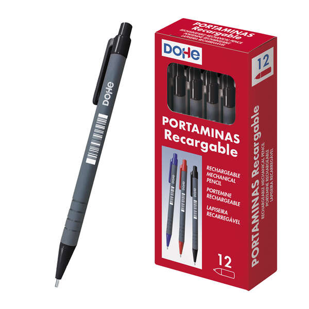 Dohe Portaminas Recargable - 0.5mm - Cuerpo de Plastico - Punta Acolchada Metalica - Clip - Goma de Borrar en Pulsador - Grip 1