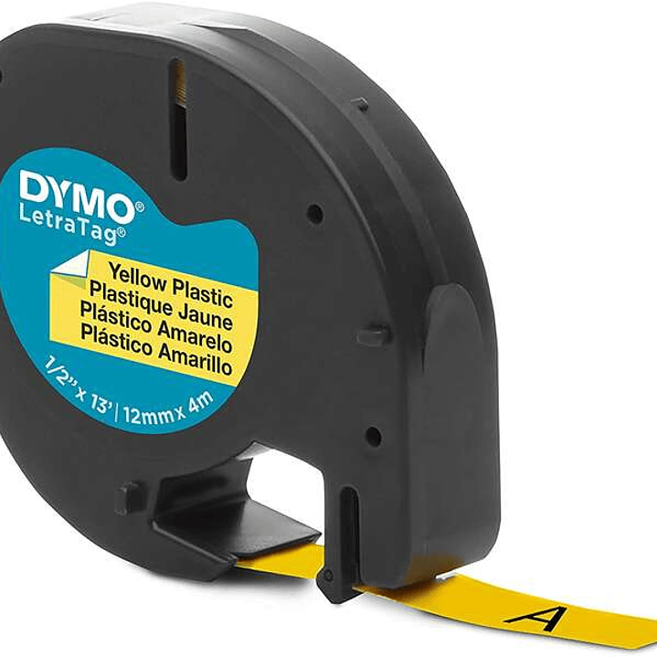Dymo LetraTag S0721620 Cinta de Etiquetas Original para Rotuladora - Texto negro sobre fondo amarillo - Ancho 12mm x 4 metros (91202) 1