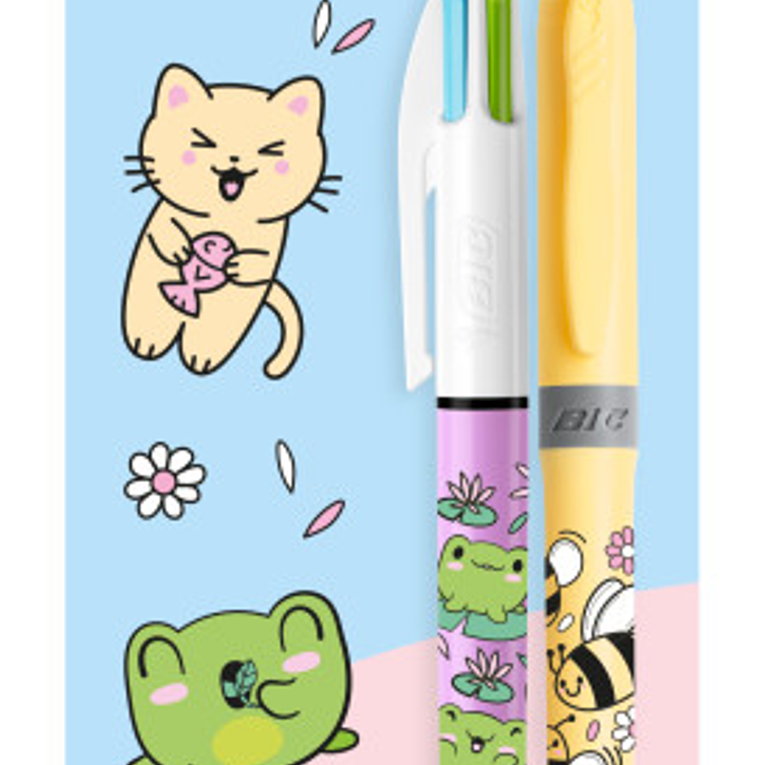 Bic 4 Colours Decors Kawaii Pack con 1 Boligrafo de Bola Retractil Pastel + 1 Marcador Highlighter Grip Pastel de Color Aleatorio - Punta Media de 1.0 1