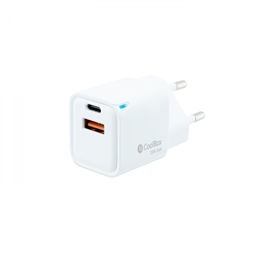 Coolbox Cargador de Pared 20W QC3.0 + PD - USB-A + USB-C - Carga Rapida - Tecnología GaN - Color Blanco 1