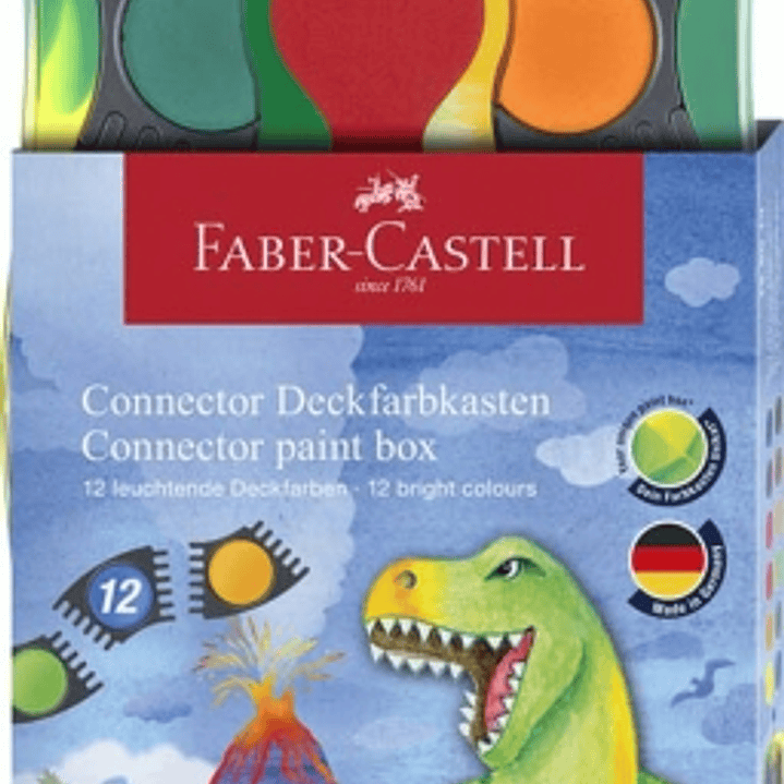 Faber-Castell Connector Dinosaurio Pack de 12 Acuarelas en Pastilla + Pintura Blanca Opaca + Pegatinas - Gran Opacidad - Facilmente Mezclables - Color 1