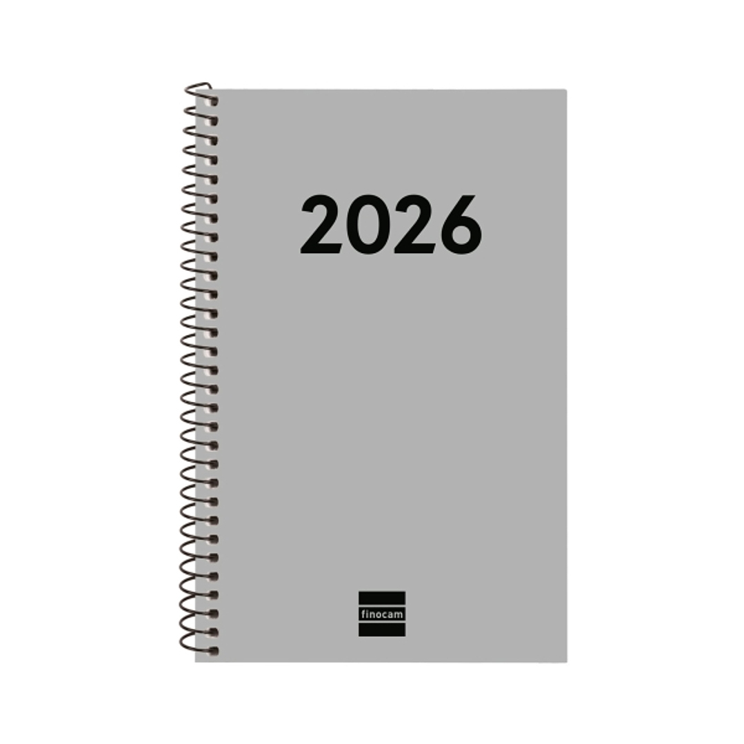 Finocam Espiral Recambio Anual 2026 para Agendas Duo - Anual 2026 - Formato E5 - 125x14x181mm - Semana Vista Horizontal - Color Gris 1