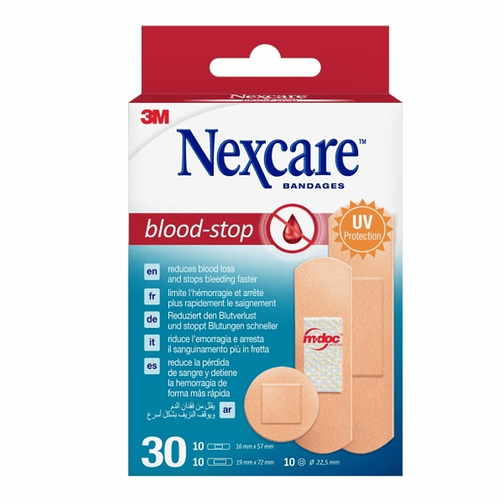 Nexcare Blood-Stop Pack de 30 Apositos Surtidos - Resistente al Agua - Mayor Rapidez Deteniendo Hemorragias - Color Piel 1