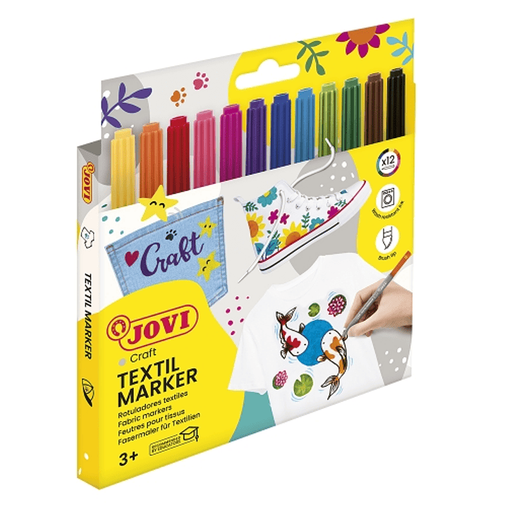 Jovi Textil Marker Estuche de 12 Rotuladores Textiles - Tinta Base Agua - Punta Pincel - Secado Rapido - Resistentes a Lavados - Ideales para Decorar  1