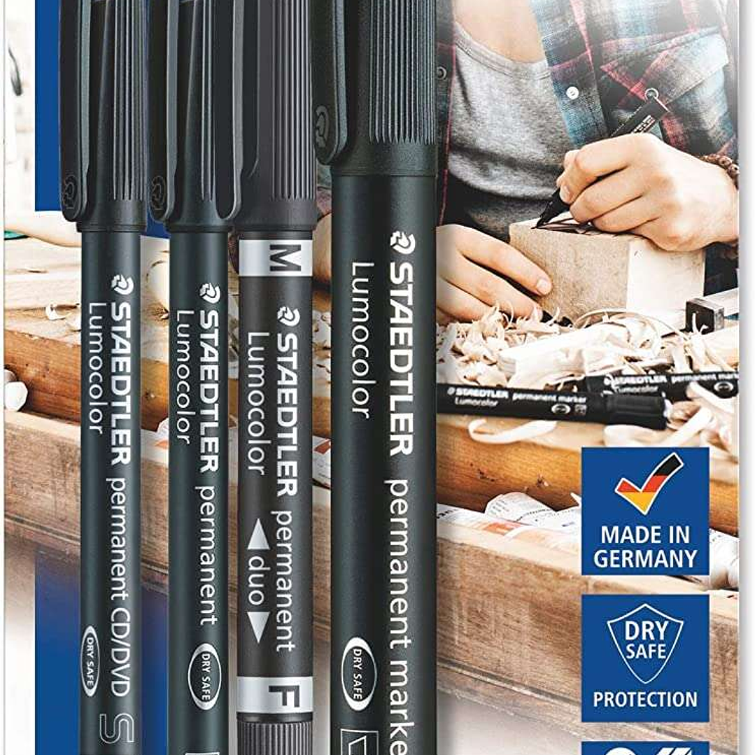 Staedtler Lumocolor Permanent Pack con 4 Rotuladores Permanentes - Diferentes Puntas - Resistente al Agua - Recargables - Color Negro 1