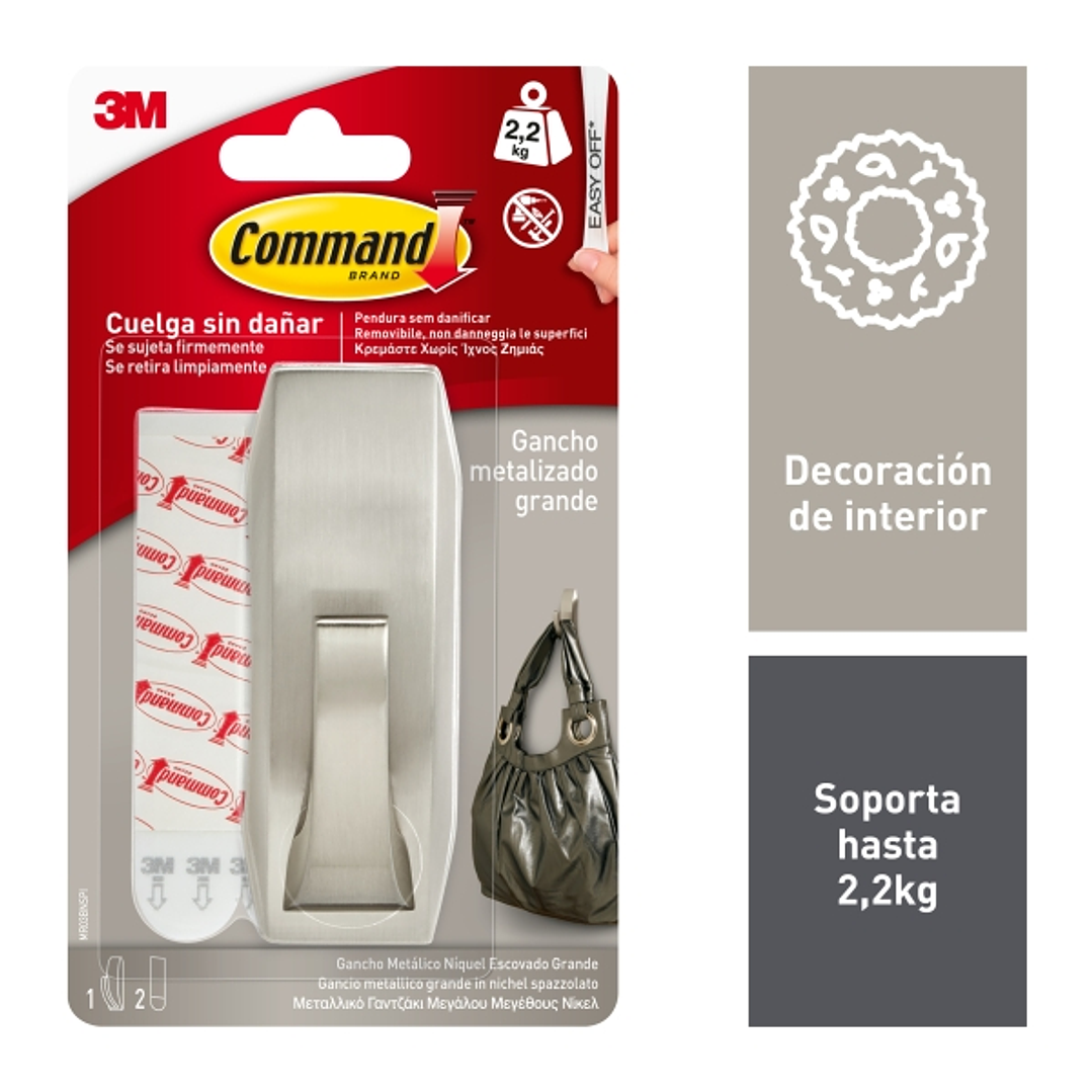 Command Gancho Metalico Grande - 2 Tiras Adhesivas - Soporta hasta 2.2kg - Estilo Moderno - Color Niquel Pulido 1