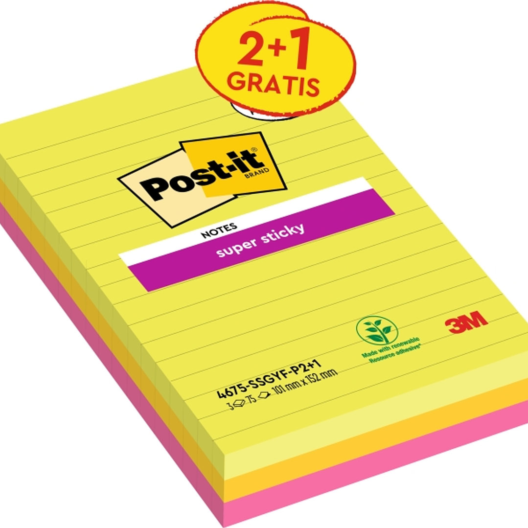 Post-It Super Sticky Pack de 3 Blocs de 75 Notas Adhesivas Reposicionables - Forma Rectangular - 101x152mm - Colores Surtidos 1