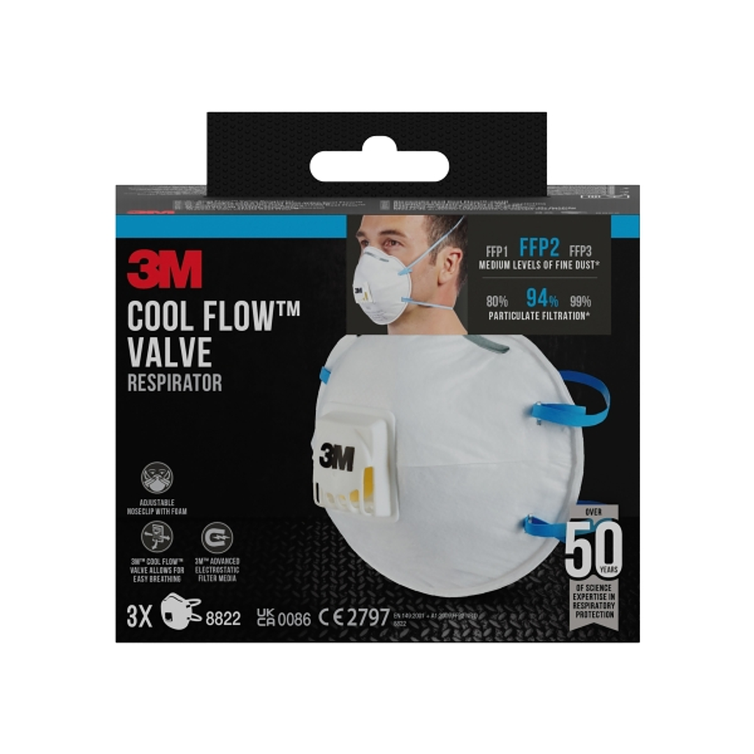 3M Cool Flow Pack de 3 Mascarillas para Particulas FFP2 - Desechable - con Valvula - para Niveles Medios de Particulas - Color Blanco 1