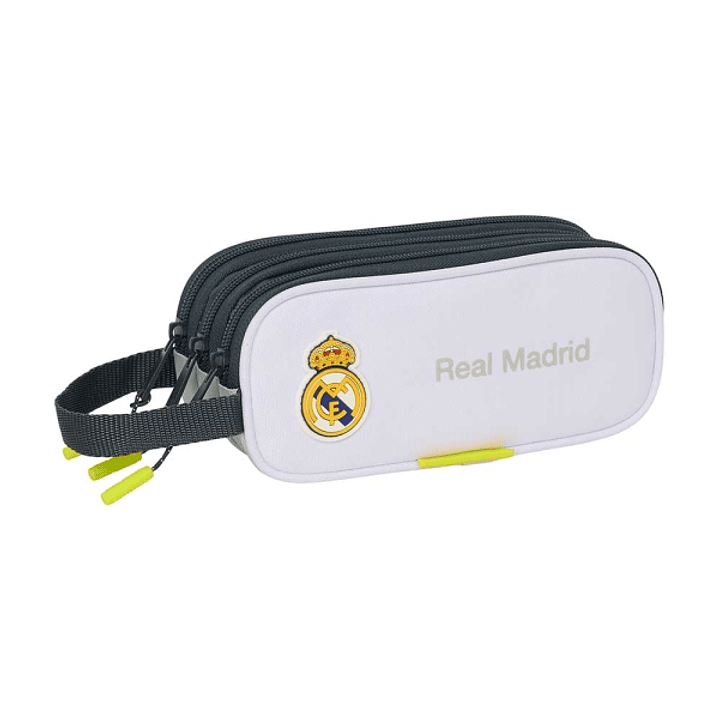 Safta Real Madrid Estuche Portatodo de 1.25L - 3 Compartimentos - Asa de Mano - Cierre de Cremallera - 21x8.5x7cm - Color Blanco y Negro 1