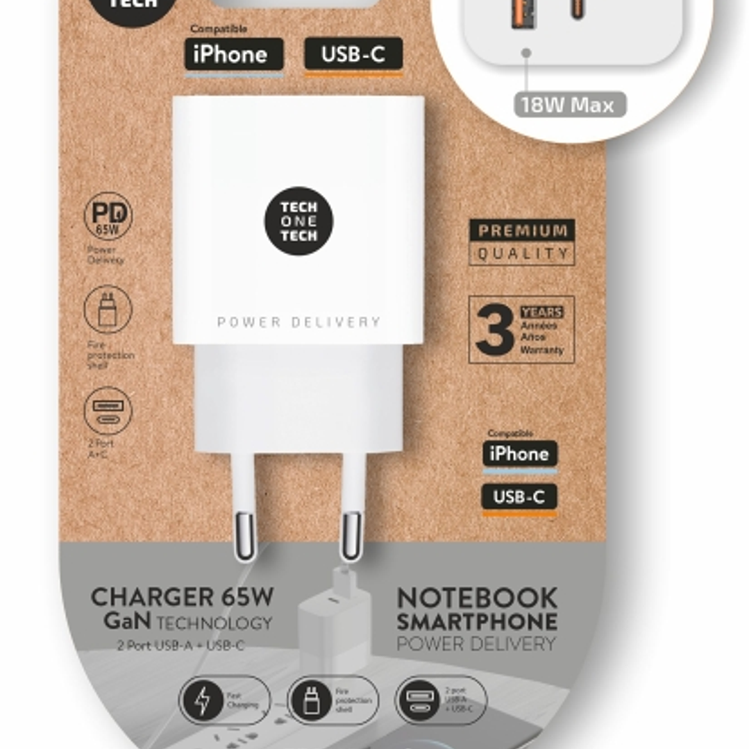 TechOneTech Cargador de Pared PD 65W con 1 Puerto USB-C + 1 Puerto USB-A 1