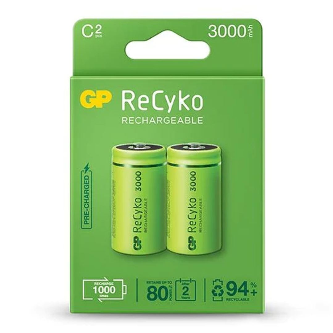 GP ReCyko Pack de 2 Pilas Recargables 3000mAh C 1.2V - Precargadas - Ciclo de Vida: Hasta 1000 Veces 1