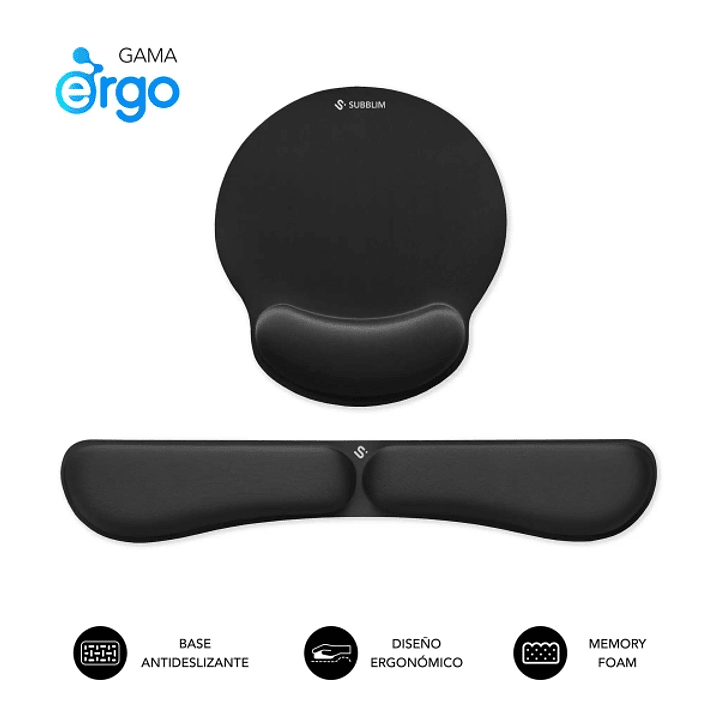 Subblim Pack Ergo MemoryFlex Alfombrilla Ergonomica para Raton y Reposamuñecas Teclado - Espuma Elastica - Microtexturizada Impermeable - Base Antides 1