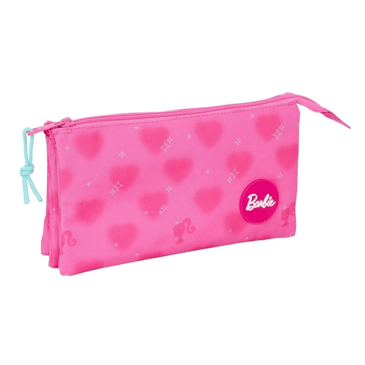 Safta Barbie Corazones Portatodo - 3 Compartimentos con Cremalleras - Bolsillo Interior - 0.6L - 220x30x120mm - Color Rosa 1