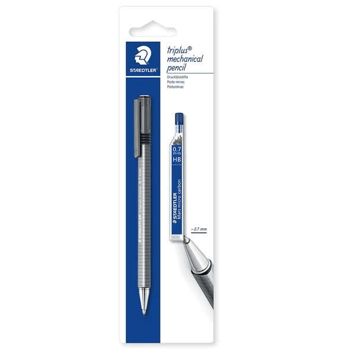 Staedtler Pack de 1 Portaminas Triplus Micro 774 de 0.7mm + 1 Tubo de 12 Minas - Diseño Triangular Ergonomico - Punta de Metal Retractil - Goma de Bor 1