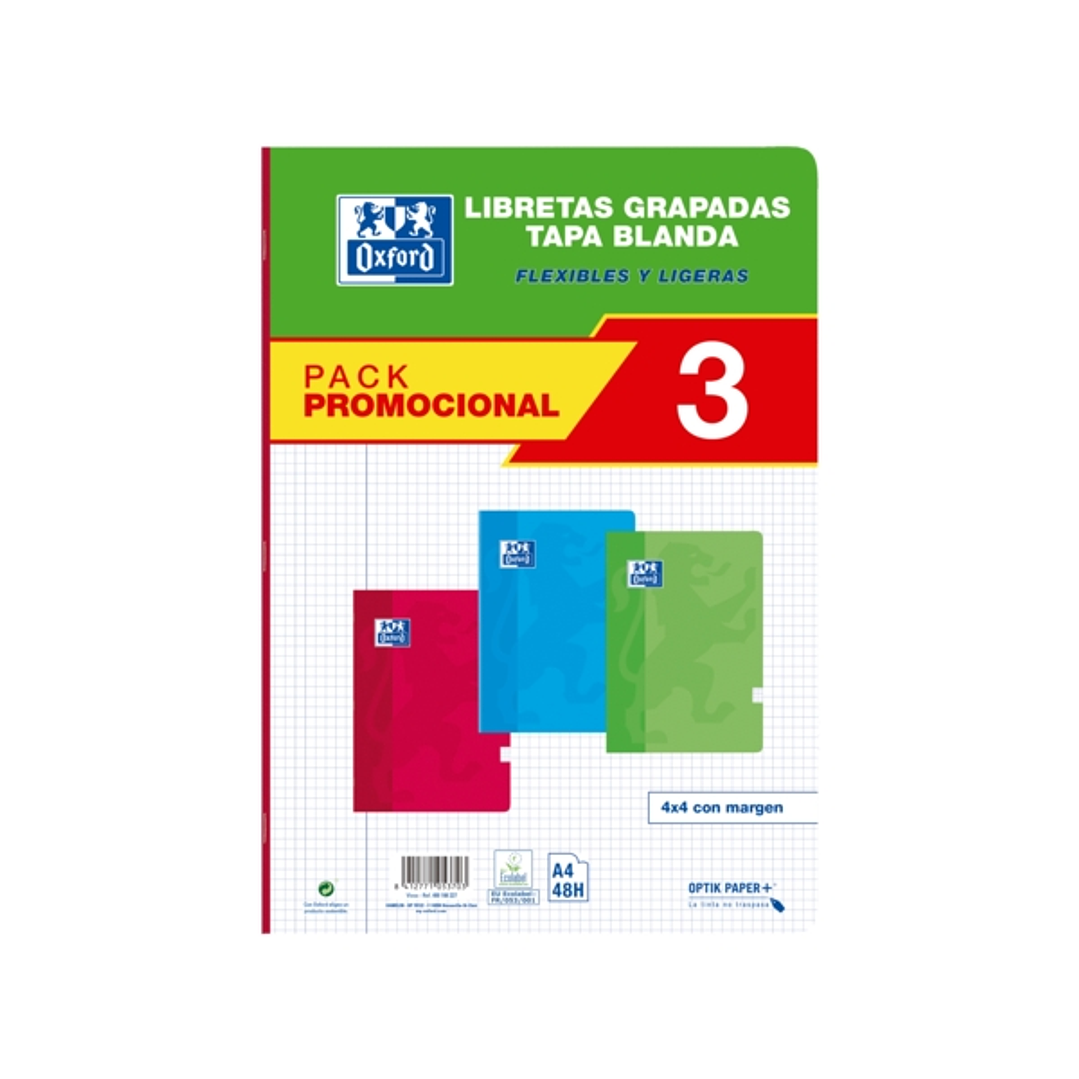 Oxford School Classic Pack 3 - Libreta Grapada A4 - Tapa Blanda - 4x4 con Margen - 48 Hojas - 3 Colores 1