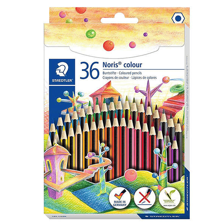 Staedtler Noris Colour 185 Pack de 36 Lapices Hexagonales de Colores - Fabricados en Wopex - Muy Resistentes - Madera de Fuentes Sostenibles - Colores 1