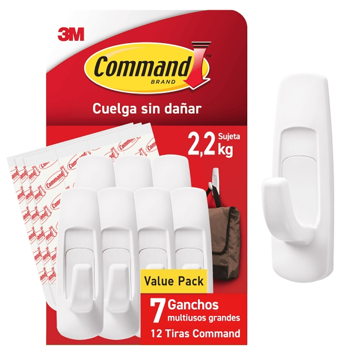 Command Pack de 7 Ganchos Grandes - 12 Tiras Adhesivas - Soporta hasta 2.2kg - Color Blanco 1