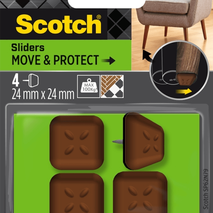 Scotch Move and Protect Pack de 4 Patines Deslizantes con Clavo - 24x24mm - Soporta hasta 100kg - Color Marron 1