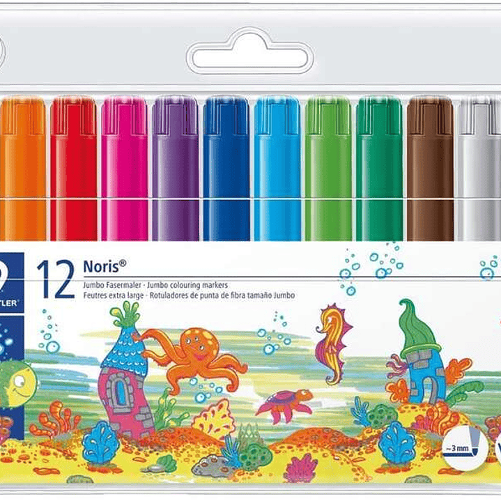 Staedtler Noris 340 Pack de 12 Rotuladores de Gran Tamaño - Trazo 3mm Aprox - Lavable Facilmente - Tinta Base de Agua - Colores Surtidos 1