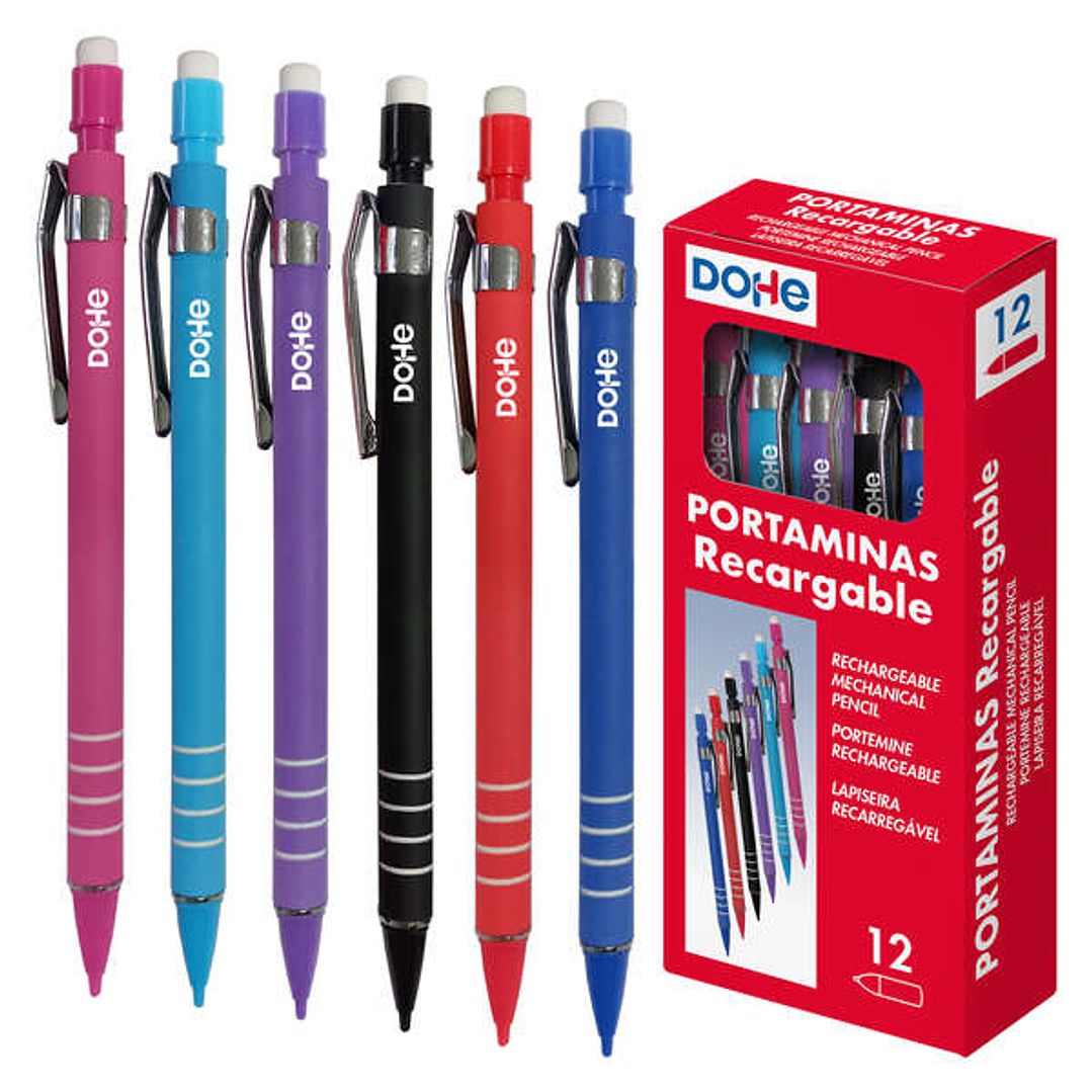Dohe Portaminas Recargable con Cuerpo de Plastico - Zona Estriada para Agarre - Clip Metalico - Pulsador con Goma de Borrar - Punta de Plastico - para 1