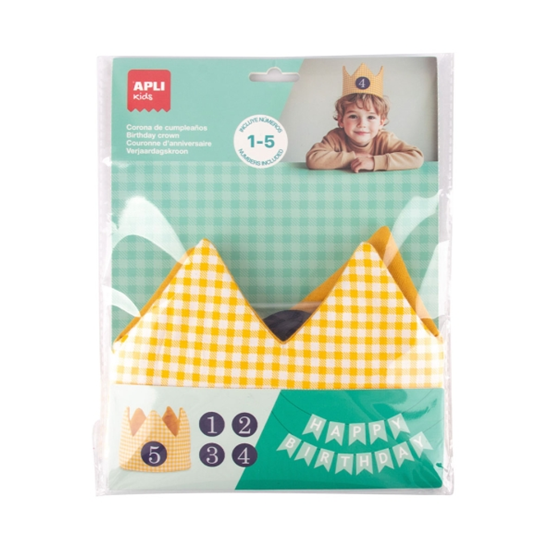 Apli Kids Corona de Cumpleaños - Con Numeros del 1 al 5 - Ajustable y Reversible - Fabricada en Tela - Color Amarillo y con Cuadros 1