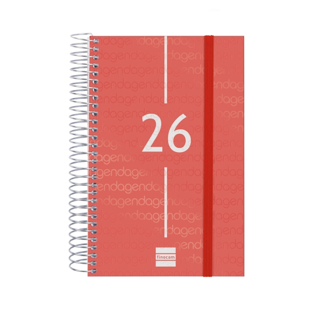 Finocam Year Agenda de Espiral - Anual 2026 - Tapa Ligera - Formato E5 - 135x24x181mm - 1 Dia por Pagina - Color Rojo 1