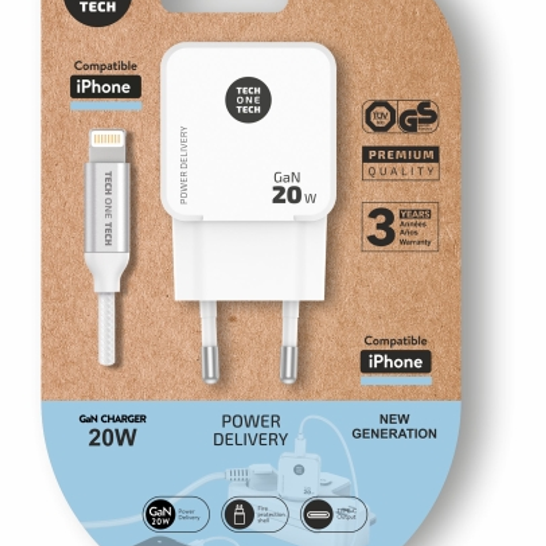 TechOneTech Cargador de Pared Ultrarrápido GaN 20w Blanco + Cable Apple 1