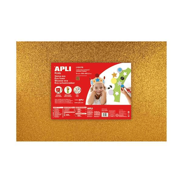 Apli Pack de 3 Goma Eva Purpurina Oro 600 x 400 mm - Grosor 2 mm - Impermeable - Moldeable al Calor - Color Oro 1