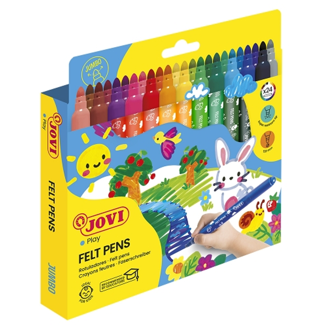 Jovi Felt Pens Estuche de 24 Rotuladores Jumbo - Amplia Variedad de Tonos - Tinta de Gran Fijacion - Punta de 3mm - Capuchon de Seguridad Ventilado -  1