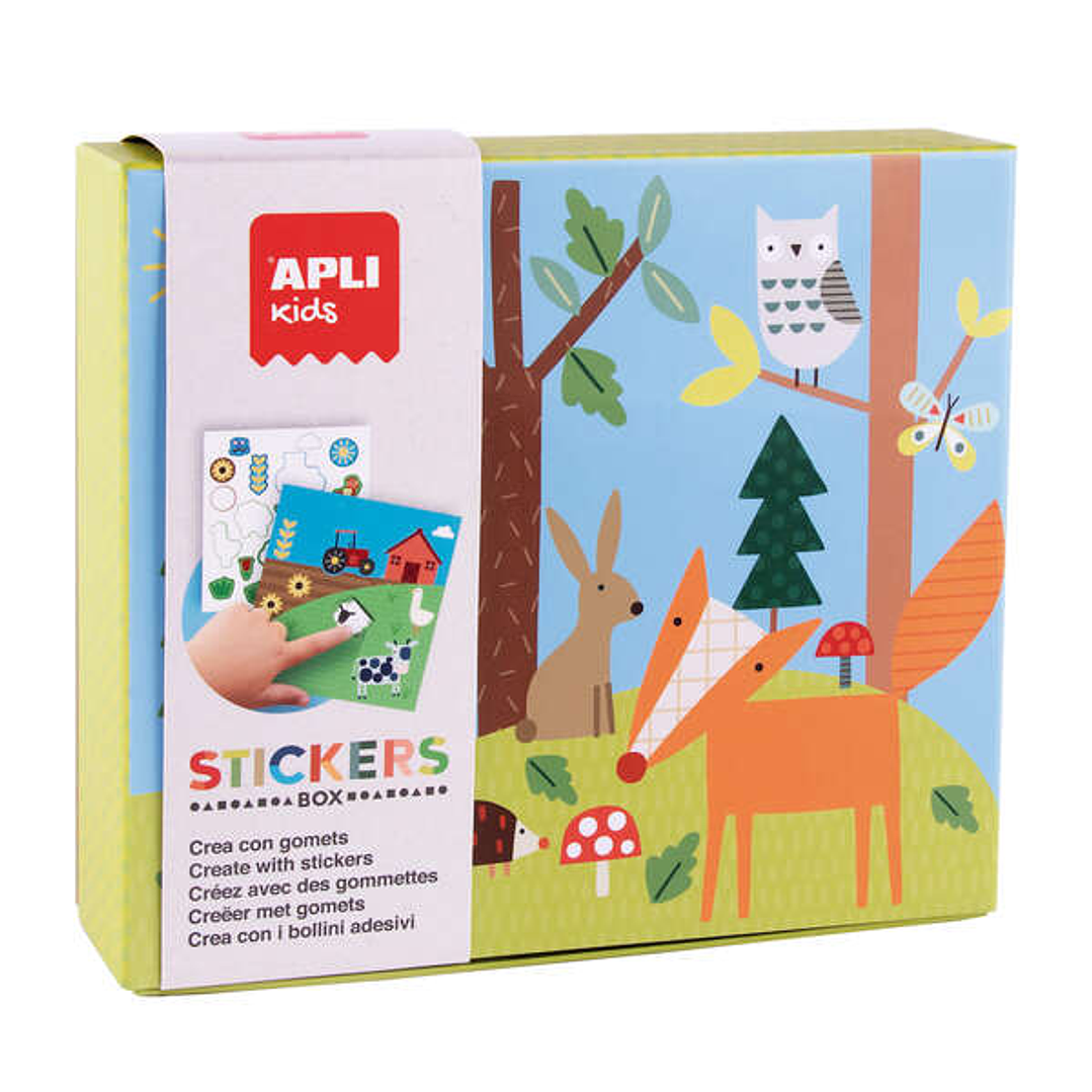 Apli Juego de Gomets Bosque - 8 Laminas Ilustradas de 200G - Gomets Removibles Geometricos en Distintos Colores - Libro Guia con Ejemplos en Color - A 1