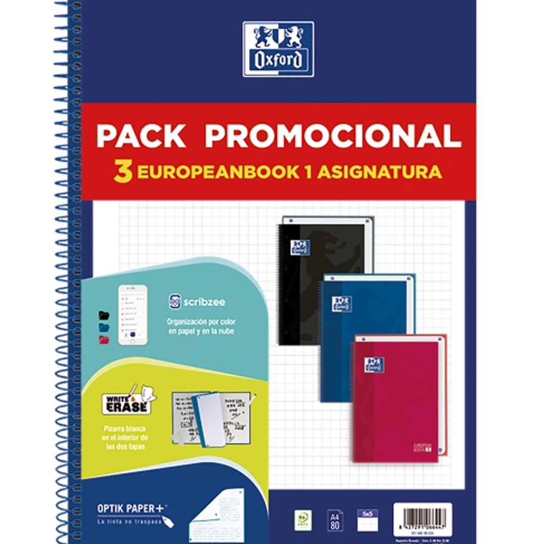 Oxford Europeanbook 1 Classic Pack de 3 Cuadernos Espiral Formato A4+ Cuadriculado 5x5mm - 80 Hojas 90gr - Tapa Extradura Tacto Suave - Recuadro de Co 1