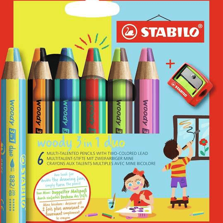 Stabilo Woody 3 en 1 Duo Pack de 6 Lapices de Colores + Sacapuntas - Mina 2 Colores XXL 10mm - Lapiz de Color, Cera  Acuarela, Todo en Uno - Colores S 1
