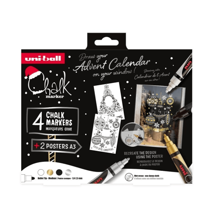 Uni-ball Chalk Colores Escandinavos Pack de 4 Marcadores de Tiza Liquida + Posters - Punta Conica 1.8-2.5mm - Borrado en Humedo - Resistente a la Lluv 1