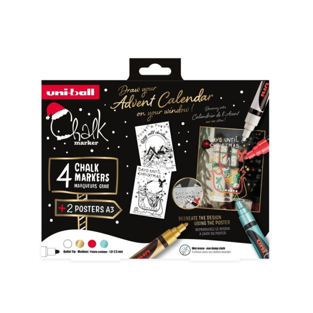 Uni-ball Chalk Colores Navidad Pack de 4 Marcadores de Tiza Liquida + Posters - Punta Conica 1.8-2.5mm - Borrado en Humedo - Resistente a la Lluvia -  1