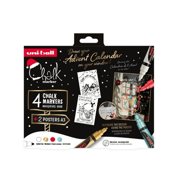 Uni-ball Chalk Colores Navidad Pack de 4 Marcadores de Tiza Liquida + Posters - Punta Conica 1.8-2.5mm - Borrado en Humedo - Resistente a la Lluvia -  1