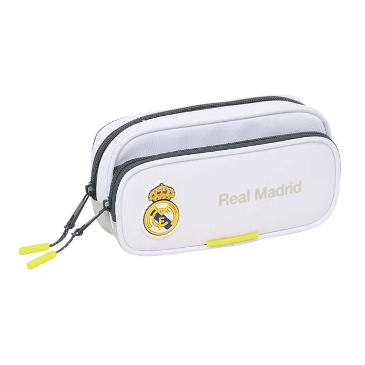 Safta Real Madrid Estuche Portatodo de 1.3L - 2 Compartimentos - Bolsillo Lateral - Cierre con Cremallera - 21x10.5x6cm - Color Blanco y Negro 1