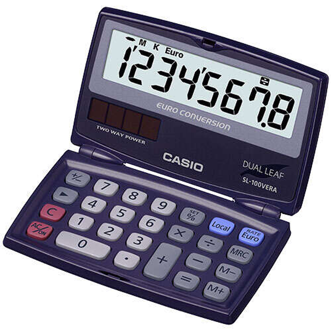 Casio SL-100VERA Calculadora de Bolsillo Tipo Concha - Pantalla LC Extragrande de 8 Digitos - Funcion Conversor de Euros - Color Azul Oscuro 1