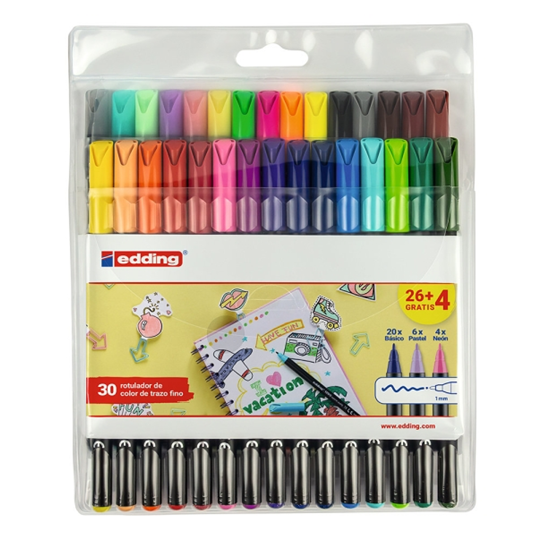 Edding 1200 Pack de 30 Rotuladores - Punta Redonda - Tinta con Base de Agua - Colores Clasicos, Neon y Pastel Surtidos 1
