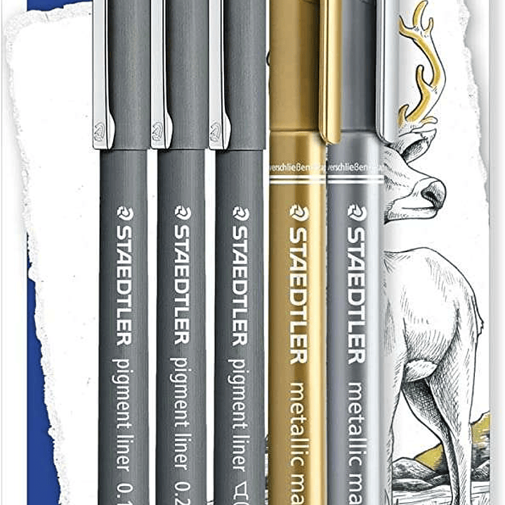 Staedtler Pigment Liner 308 Pack de 5 Rotuladores Calibrados - Tinta Resistente a la Luz y Agua - Para Escribrir, Esborzar y Dibujar - Colores Surtido 1