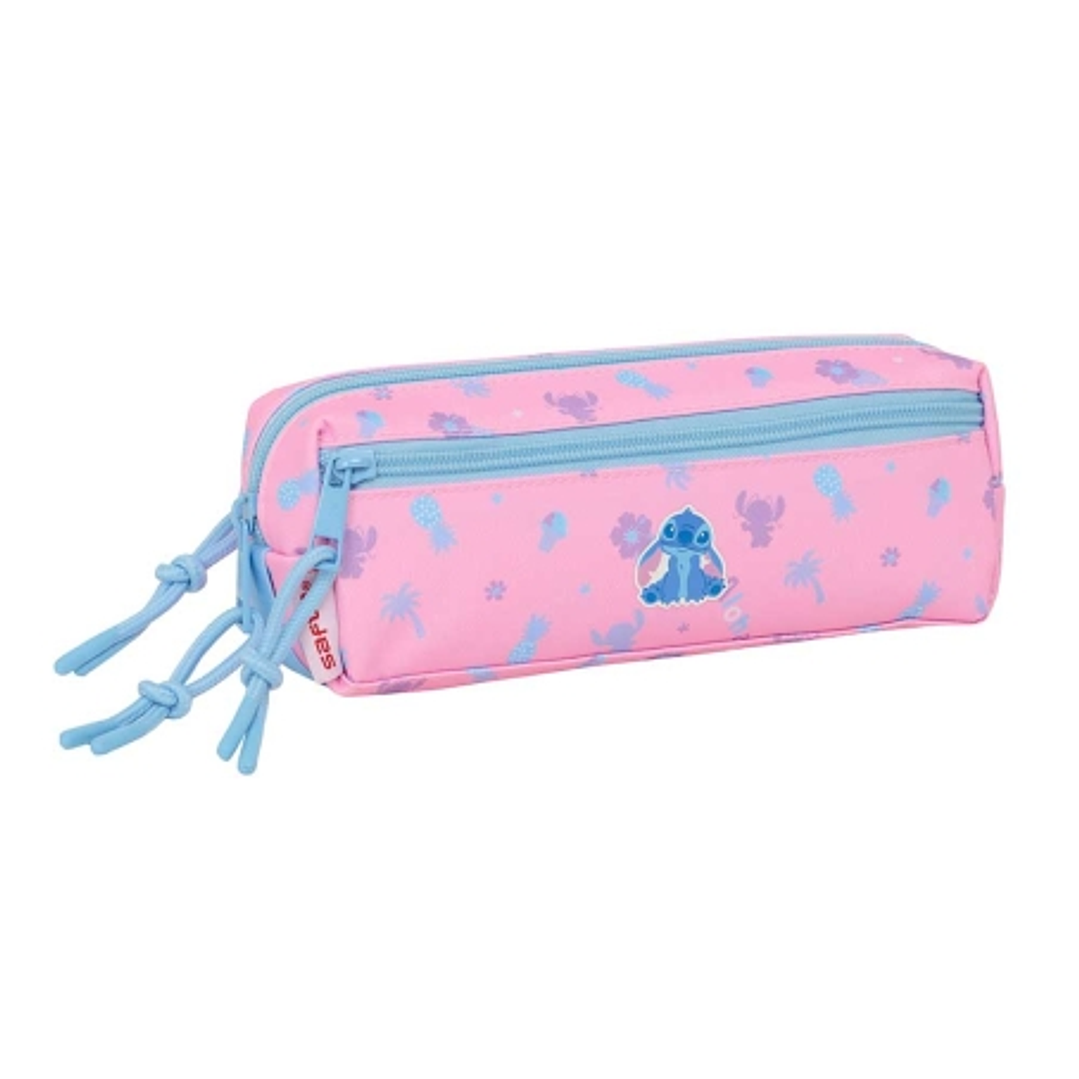 Safta Stitch Bright Portatodo - 3 Compartimentos con Cremalleras - Goma Elastica - 0.98L - 220x60x85mm - Color Rosa 1