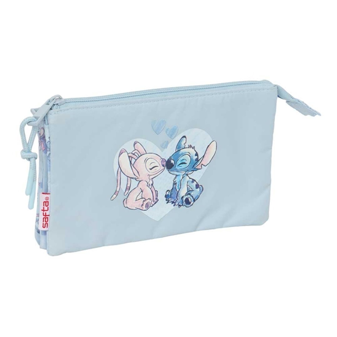 Safta Stitch Portatodo - 3 Compartimentos con Cremalleras - Bolsillo Interior - 0.6L - 220x30x120mm - Color Azul Claro 1
