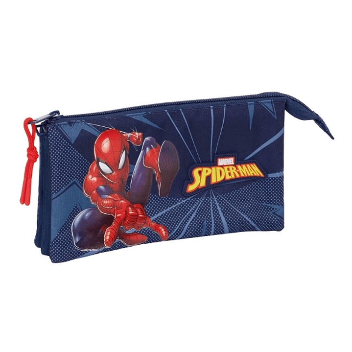 Safta Spider-Man Portatodo - 3 Compartimentos con Cremalleras - Bolsillo Interior - 0.6L - 220x30x120mm - Color Azul Marino 1