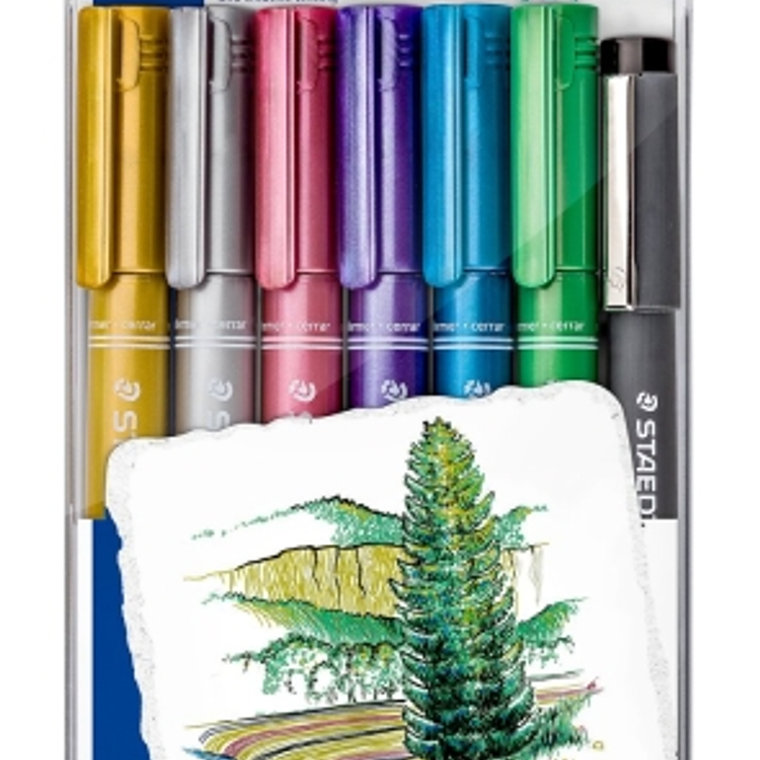 Staedtler Metallic Pen Pack de 6 Rotuladores de Punta Fina Trazo 1 - 2mm + Rotulador Pigment Liner Trazo 0.3 - 2mm - Tinta Base de Agua - Colores Surt 1