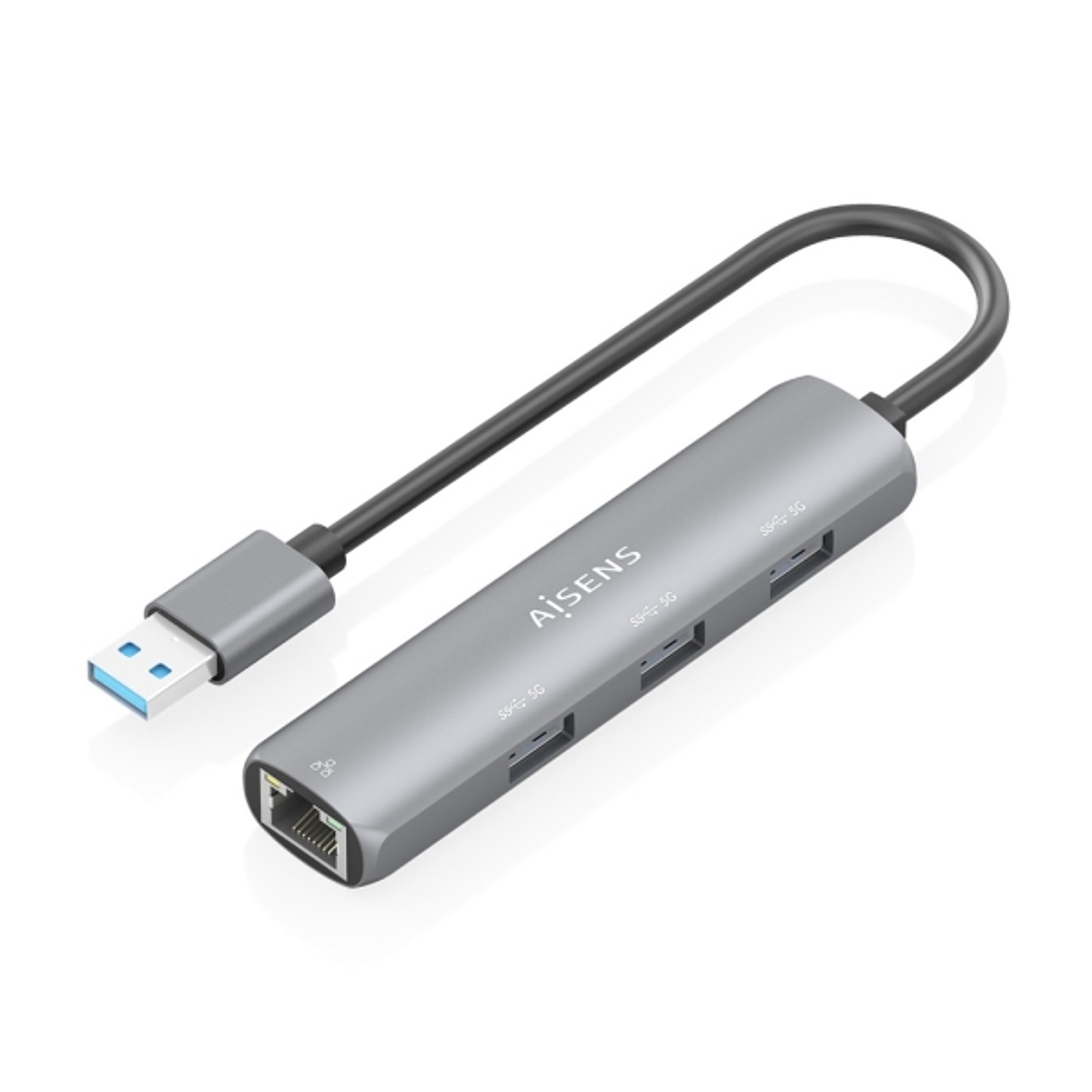 Aisens ASUC-4P034-GR Adaptador de Red USB 3.0 a Ethernet Gigabit + Hub 3xUSB-A 3.0 - 15cm - Color Gris 1