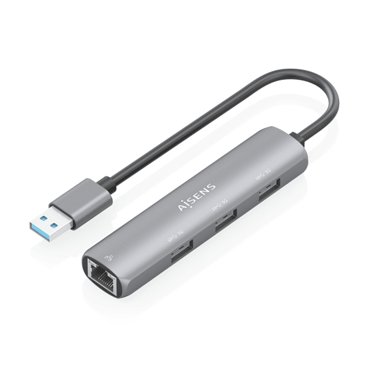 Aisens ASUC-4P034-GR Adaptador de Red USB 3.0 a Ethernet Gigabit + Hub 3xUSB-A 3.0 - 15cm - Color Gris 1