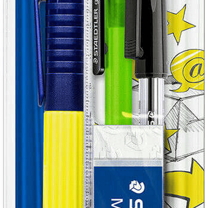 Staedtler Pack Escolar Compuesto por 1 Marcador Amarillo + 1 Goma de Borrar + 1 Boligrafo Negro + 1 Portaminas de 0.5mm + 1 Regla 1