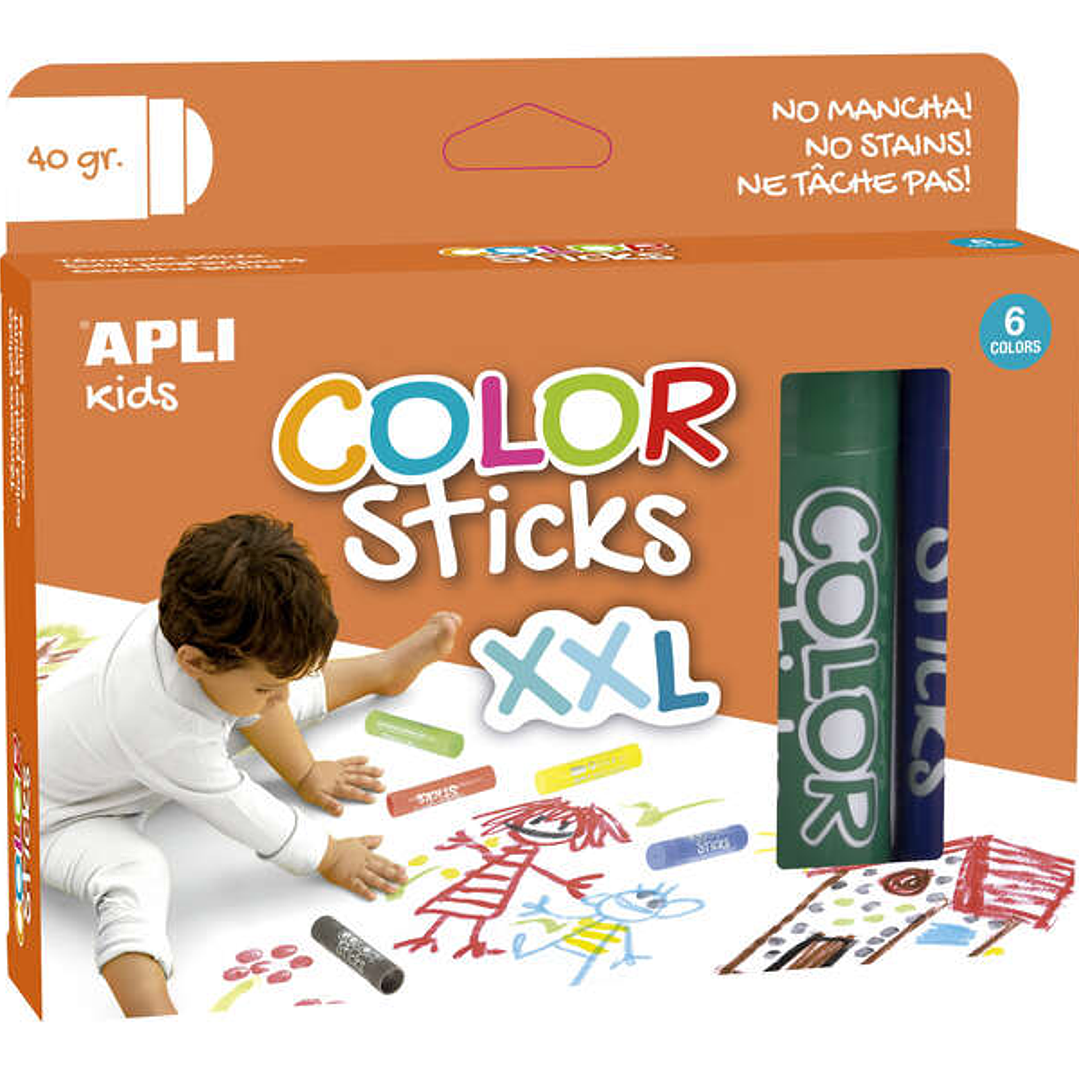 Apli Color Sticks xxl Temperas Solidas - Pack 6 Unidades de 40g - Tamaño xxl para Murales - Acabado Satinado sin Necesidad de Barniz - Secado Rapido e 1